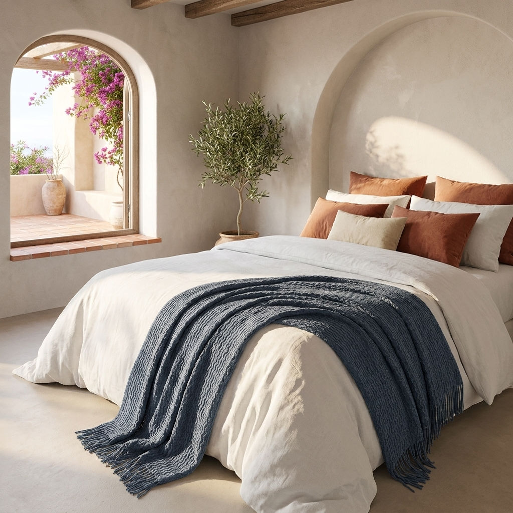Sunwashed Mediterranean Throw Blanket with Soft Fringe