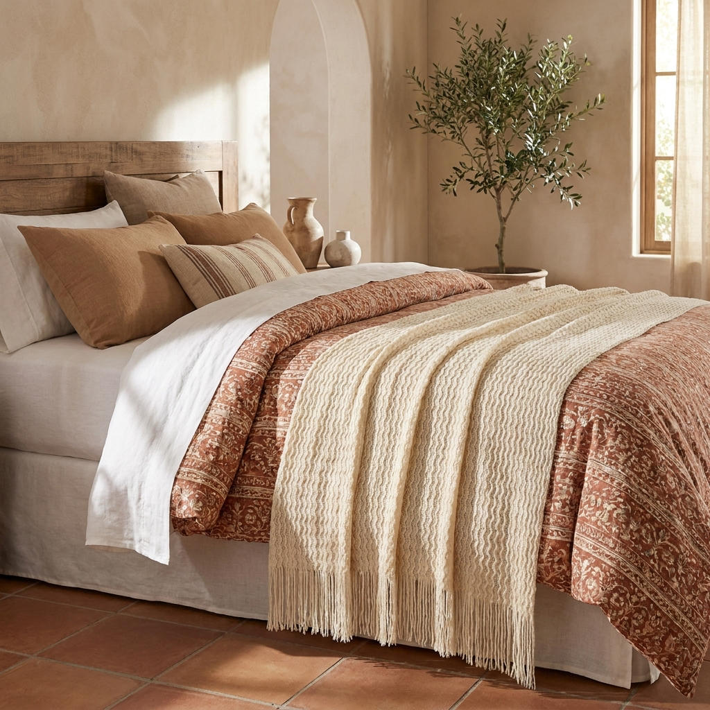 Sunwashed Mediterranean Throw Blanket with Soft Fringe