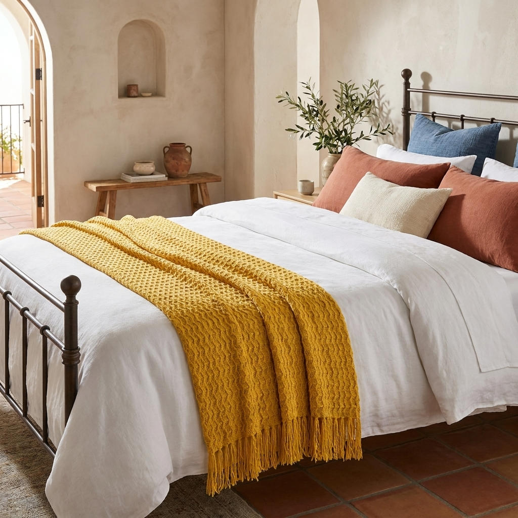 Sunwashed Mediterranean Throw Blanket with Soft Fringe