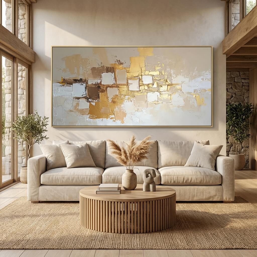 Luxury Handpainted Golden Abstract Painting for Cozy Stylish Rooms