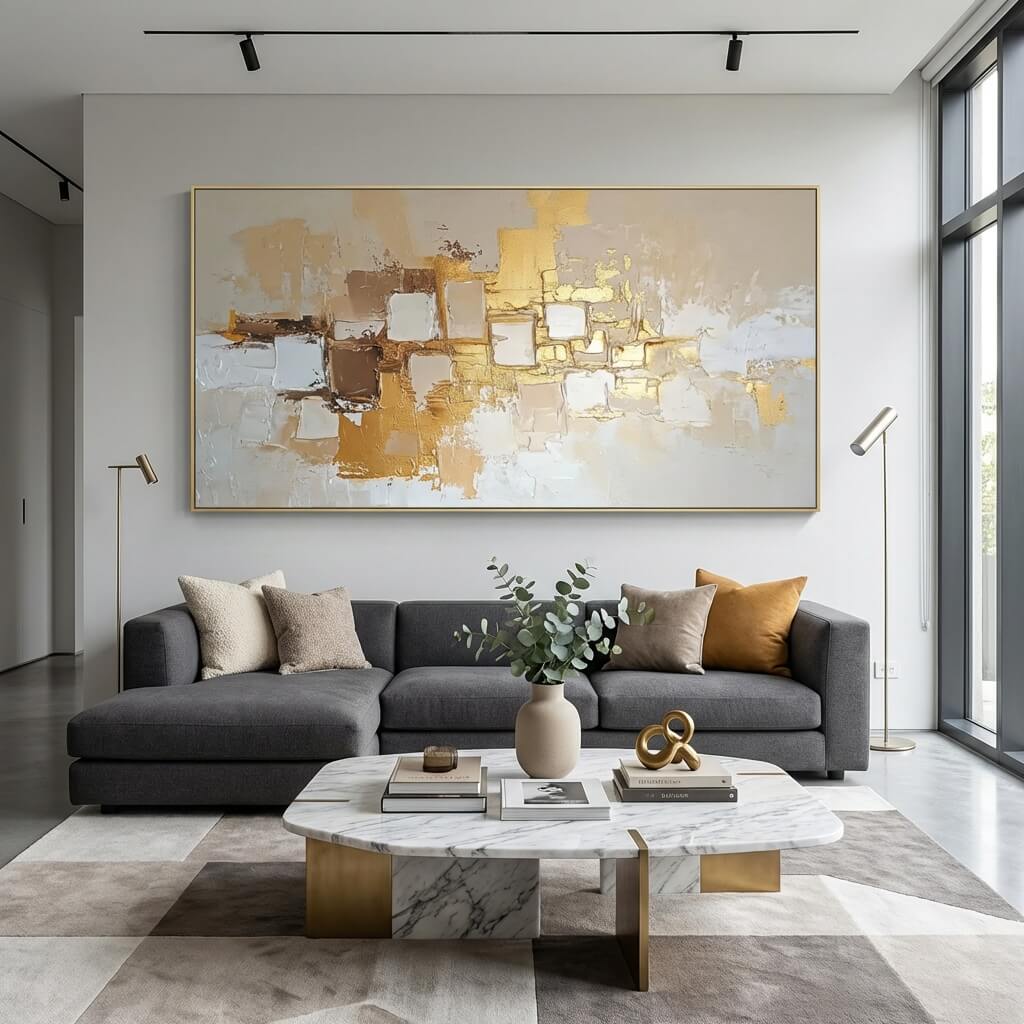 Luxury Handpainted Golden Abstract Painting for Cozy Stylish Rooms
