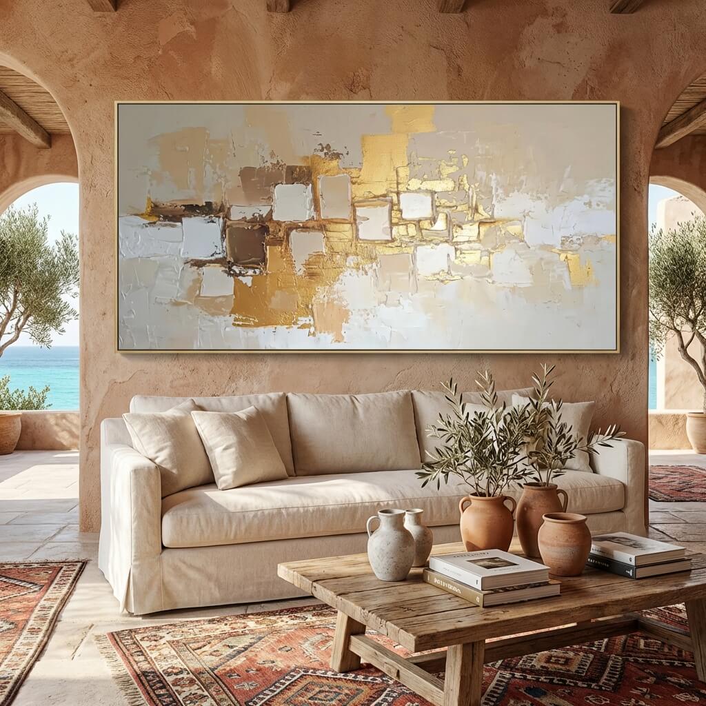 Luxury Handpainted Golden Abstract Painting for Cozy Stylish Rooms