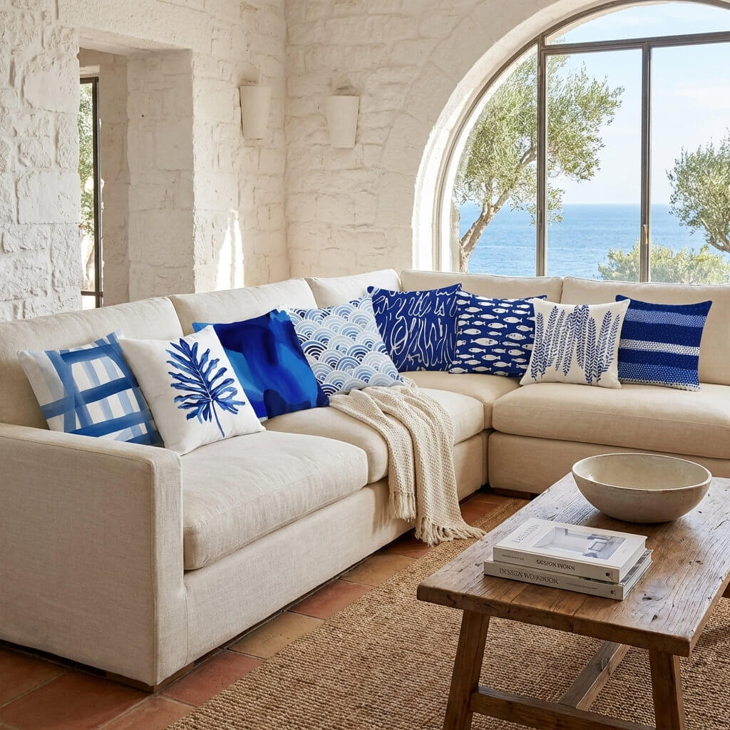 Minimalist Blue Linen-Cotton Pillow for Fresh Coastal Comfort